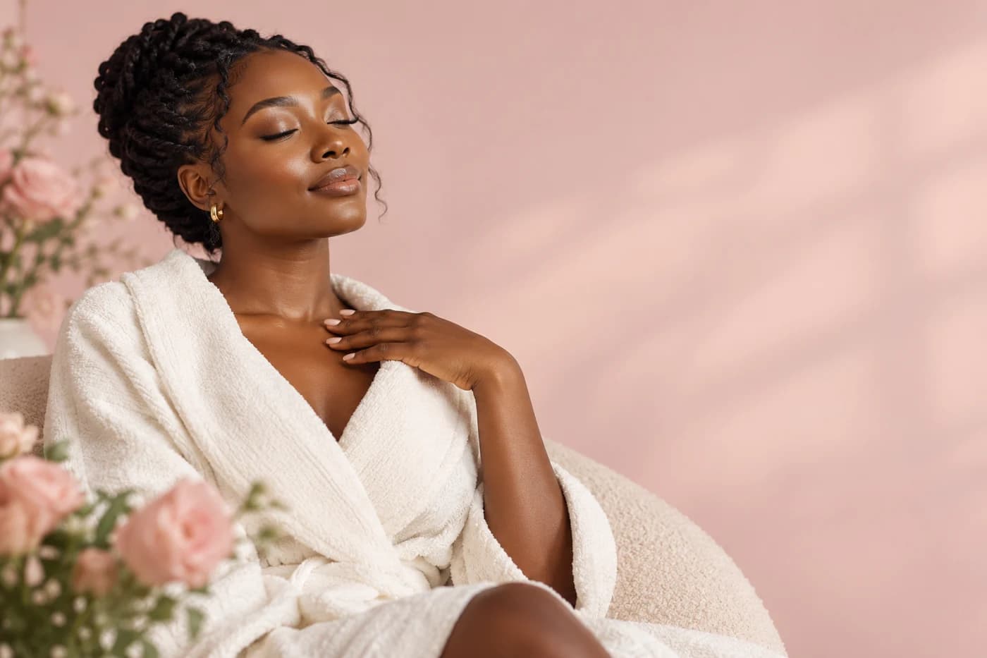 Femme en peignoir prenant un moment pour les soins de sa peau